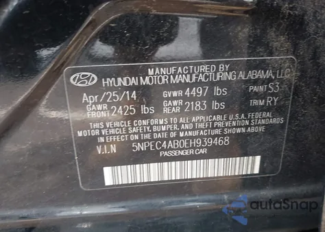 2014 Hyundai Sonata Limited 2.0T z USA, uszkodzony, nr VIN 5NPEC4AB0EH939468